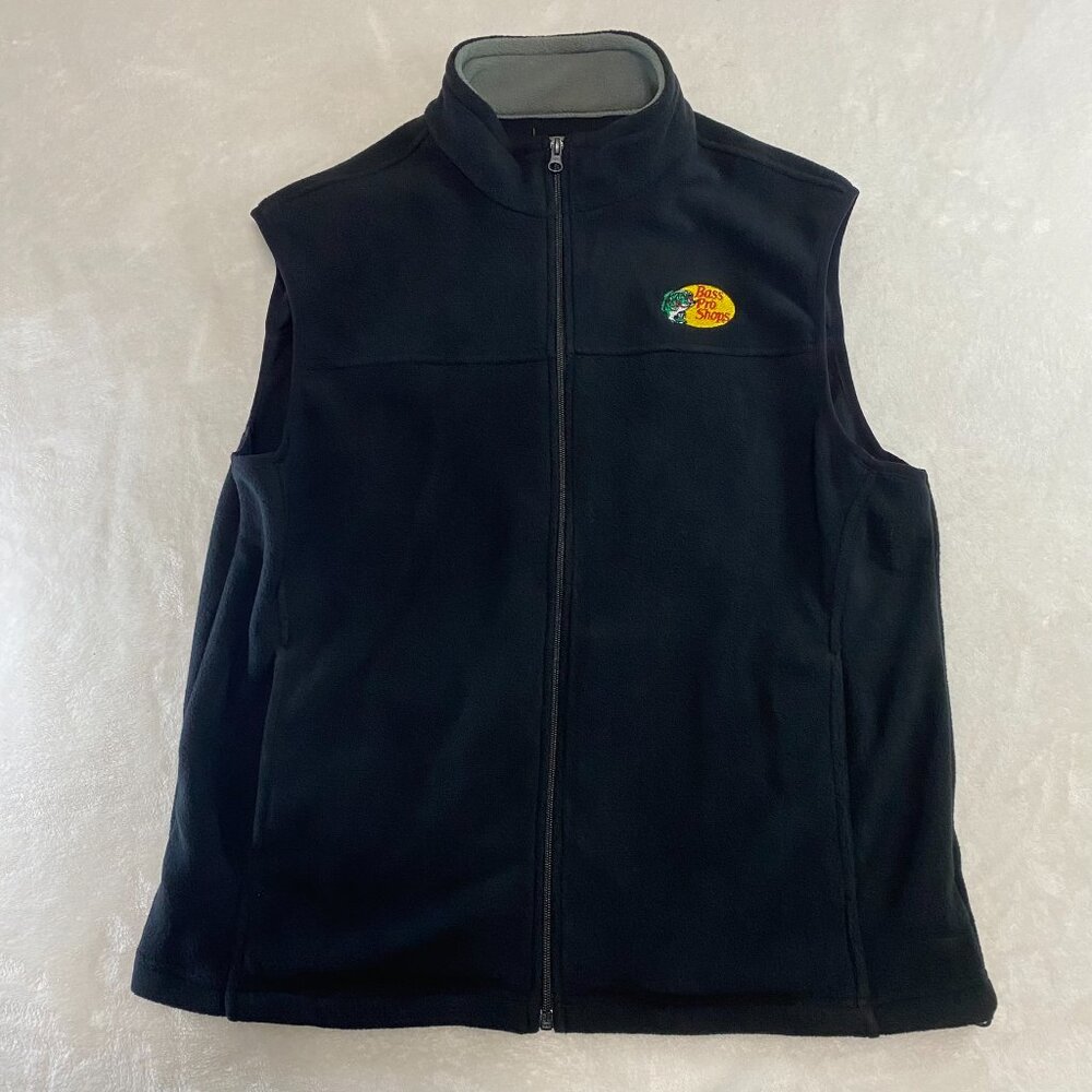 Bass Pro Shops Fleece Vest Mens Large adjustable Full Zip Black Embroider Logo
